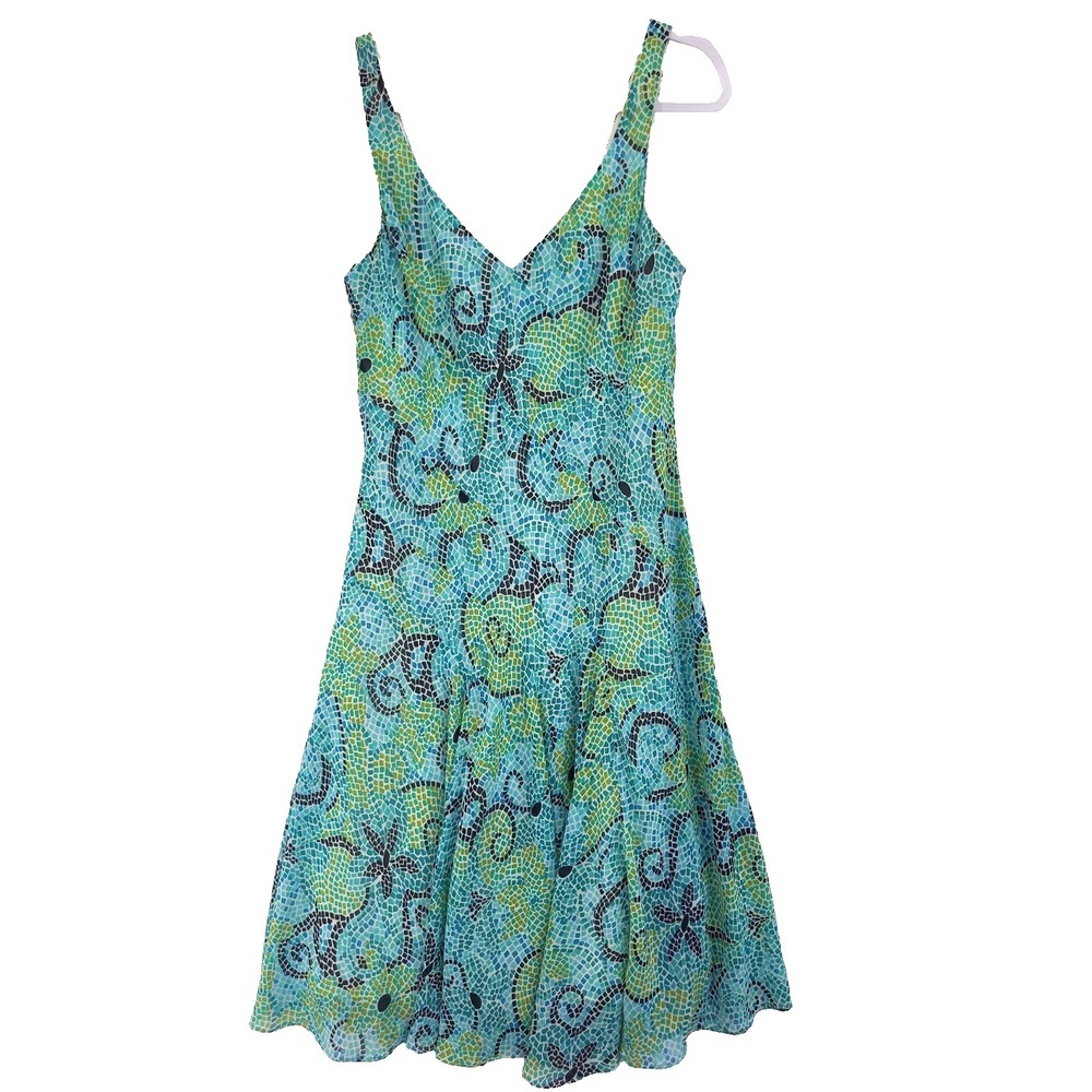 Y2K Jones Wear Dress Midi Size 16 Blue Green Abstract Sheer Lined Chiffon